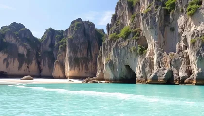 Gardinen Serene tropical beach nestled between majestic limestone cliffs © ekalaila