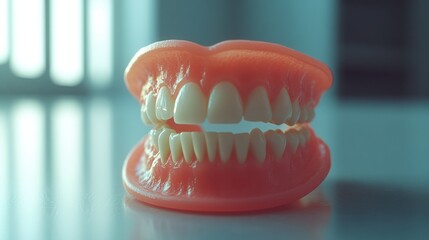 Obraz premium A close-up of a full set of dentures resting on a countertop, with a soft background, highlighting the natural appearance of the teeth and gums.