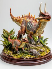 A detailed sculpture of two colorful dinosaurs amidst lush greenery on a wooden base.