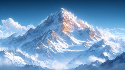 Majestically Rising Snow-Capped Peak: Digital Painting in a Realistic Style. AI Generated