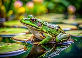 Naklejka premium Close-Up of Green Frog Among Lily Pads in Pond - High-Resolution Wildlife Stock Photo