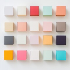 A minimalist composition of diffrent size such as rectangle small and bog paper boxes arranged in a grid. side angle view. 