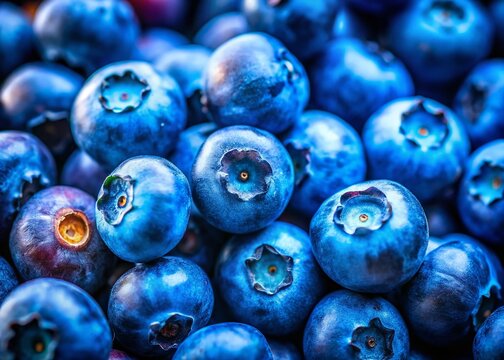 Close-Up of Juicy Blueberries, Rich Blue Tones, Detailed Texture, Natural Light, Organic Food Photography