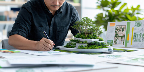 Biophilic design architecture innovation concept, A designer creates a landscape model with greenery, surrounded by sketches and plans, showcasing creativity and attention to detail.