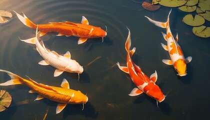 Five Koi fish swimming in a pond with lily pads.