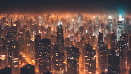 Obraz premium A blurred cityscape at night, with glowing lights in warm tones and faint outlines of skyscrapers