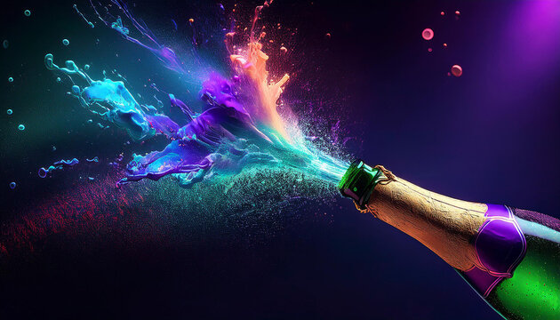 Un bouchon de champagne qui explose pour r&eacute;v&eacute;ler un liquide multicolore et festif, sur un fons noir pour illustrer les f&ecirc;tes.