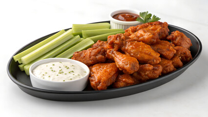 Fototapeta premium Buffalo Wings with Spicy Sauce, Celery Sticks, and Ranch Dip in 4K
