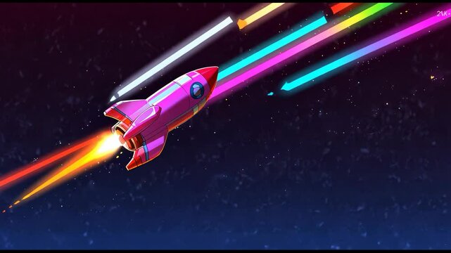 Video footage of vibrant pink rocket with a blue window flies through space, leaving colorful trails of light behind it against a starry background.