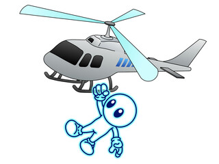 Drawing of a transparent human that holding the base of a flying helicopter