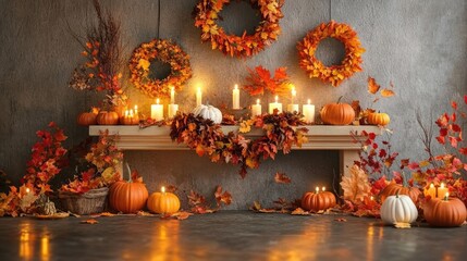 Obraz premium A cozy autumn scene with pumpkins, candles, and colorful leaves, perfect for seasonal decor.