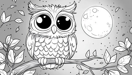 An adorable owl with large eyes perched on a branch under the moonlight. Ideal for coloring books, children's illustrations, or cute designs.