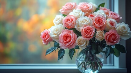 Obraz premium Close-up Photo: Delicately Arranged Roses Bloom Beautifully by Autumnal Window. AI Generated
