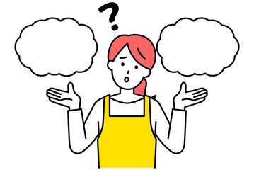 二つの選択肢に迷っているエプロン姿の女性