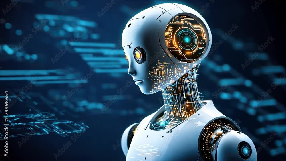 Poster futuristic robot showcasing advanced technology and innovation with glowing circuits, humanoid desig