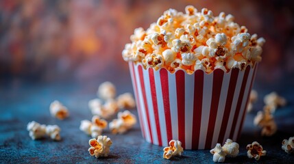 A striped popcorn box filled with popcorn. 