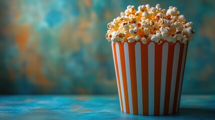 A striped popcorn box filled with popcorn.