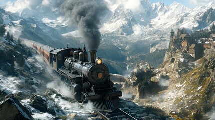 Steam train climbing snowy mountain pass towards medieval village.