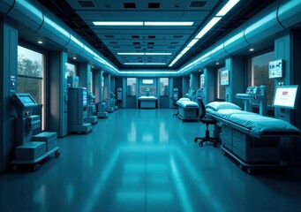 Fototapeta premium Futuristic medical facility with advanced equipment and bright blue lighting
