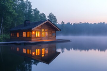 Fototapeta premium Wooden cabin reflecting on a tranquil lake during golden hour