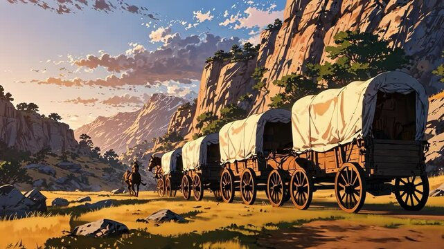 Video footage of line covered wagons travels through a mountainous landscape at sunset, highlighting the rugged terrain and the journey of pioneers