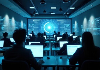 High-tech conference room with professionals analyzing data and digital interfaces