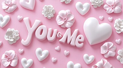 Sweet Floral Arrangement with You and Me Text on Soft Pink Background for Love and Romance Themes
