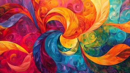 A vibrant abstract painting with swirling patterns, with a mockup at the center of the wall. full ultra hd, high resolution