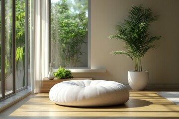 Minimalist meditation cushion in a sunlit corner with green plants