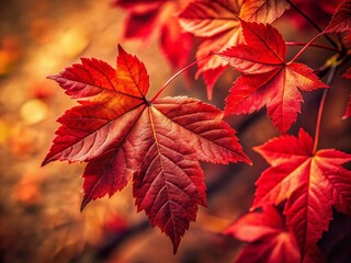 Close-up Red Autumn Leaves on Light Brown Background - Low Light Photography Stock Photo