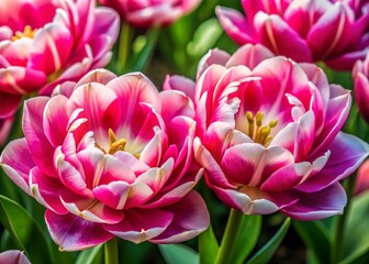 Fototapeta premium Close-Up Top View of Blooming Pink and White Double Tulips in Low Light