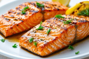 Grilled Salmon Fillets with Lemon and Herbs Garnish