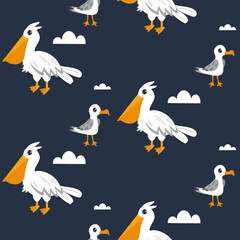 Colorful illustration of whimsical birds against a navy background with clouds