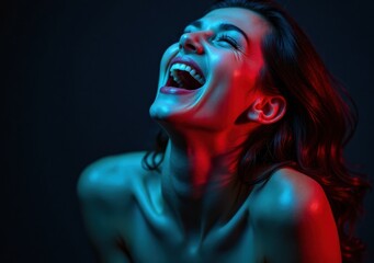 Joyful woman laughing under vibrant lights in a creative indoor setting