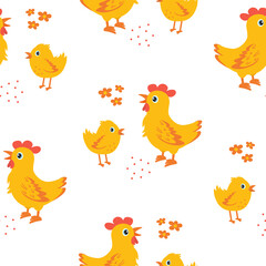 Bright yellow chickens and chicks in a playful pattern on a white background