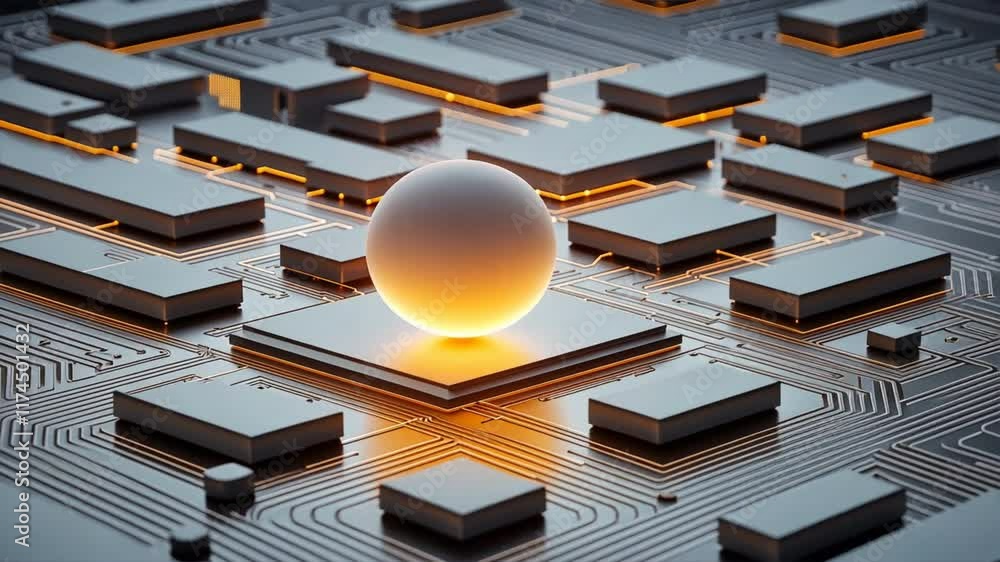 Poster glowing sphere on circuit board modern abstract design of geometric shapes symbolizing technology an