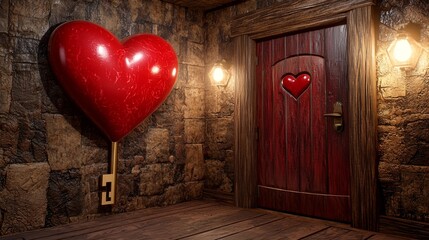 Vibrant Red Heart Decoration on Rustic Wall Inside Cozy Room with Decorative Door