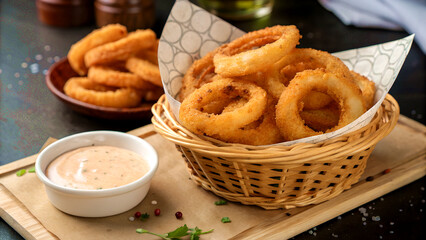 Basket of Golden-Brown Crispy Onion Rings with Dipping Sauce, Highlighting Crunchy Texture and Flavor