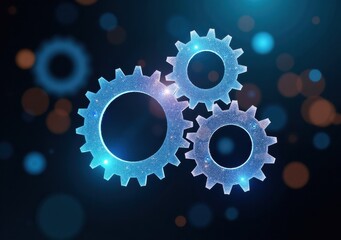 Gears rotating in an abstract digital environment with glowing elements