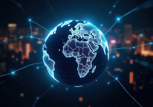 Detailed digital globe showcasing connections across continents and oceans at night - Powered by Adobe