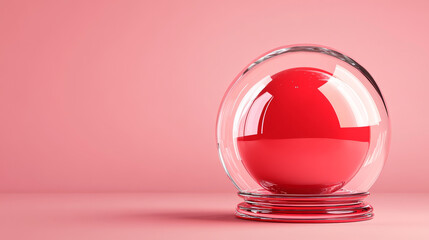 3d empty red snowball with glass dome. Isolated pink magic globe sphere vector set on transparent background. Realistic Christmas gift snowglobe. Glossy wizard fortuneteller on pedestal with shadow.
