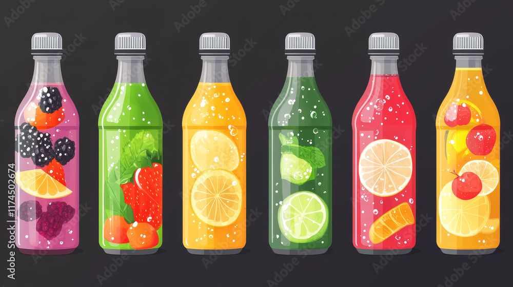 Wall mural Fruit, berry and vegetable carbonated soda in glass or plastic bottle. Assorted cool fizzy juice with different flavors. Cartoon vector illustration set of sparkling tonic mineral water package.