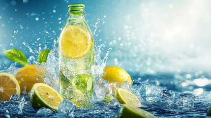 Mineral water with lemon in plastic bottle. Vector realistic brand poster with cold drinking aqua with lime juice on wavy water surface and ice cubes. Promo banner, advertising background
