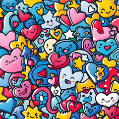 Naklejka premium Vibrant Seamless Background of Love Symbols and Cute Characters