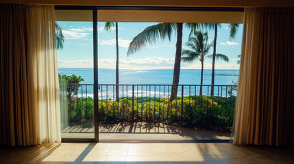 Fototapeta premium Sea and beach landscape window view from tropical hotel room vector illustration. Empty villa house interior near ocean and palm tree for peaceful mediterranean vacation. Horizontal paradise banner