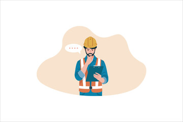 Illustration worker wondering or thinking, planning or pondering. Women full of thoughts, holding hand by chin. Vector illustration.