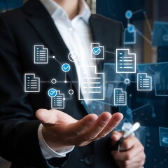 A digital workflow interface with connected documents and task checkmarks, held by a professional...