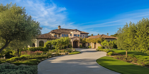 Fototapeta premium Beautiful villa with a driveway leading up to the entrance of the home. Travel vacation holiday inn seascape beautiful view