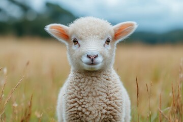 Naklejka premium Cute lamb standing in a sunny green meadow