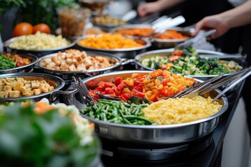 Obraz premium Flatlay of colorful fresh vegetables being prepared for cooking